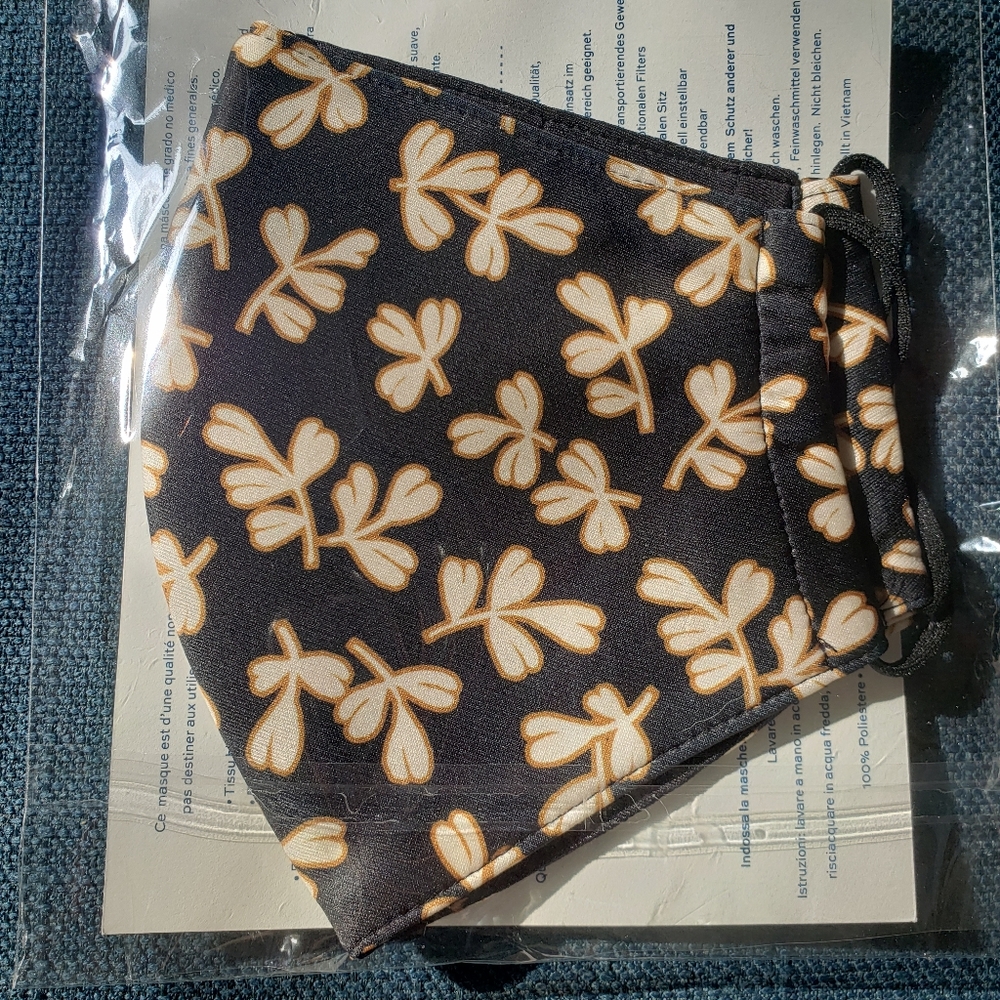 Tory Burch Designer Face Mask Leaf/Plant Print Cream Black Gold